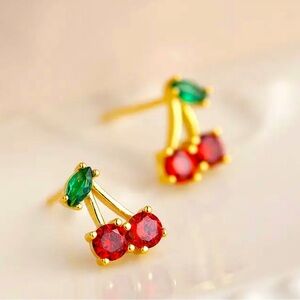 Gold Cherry Stud Earrings with Red and Green Stones
